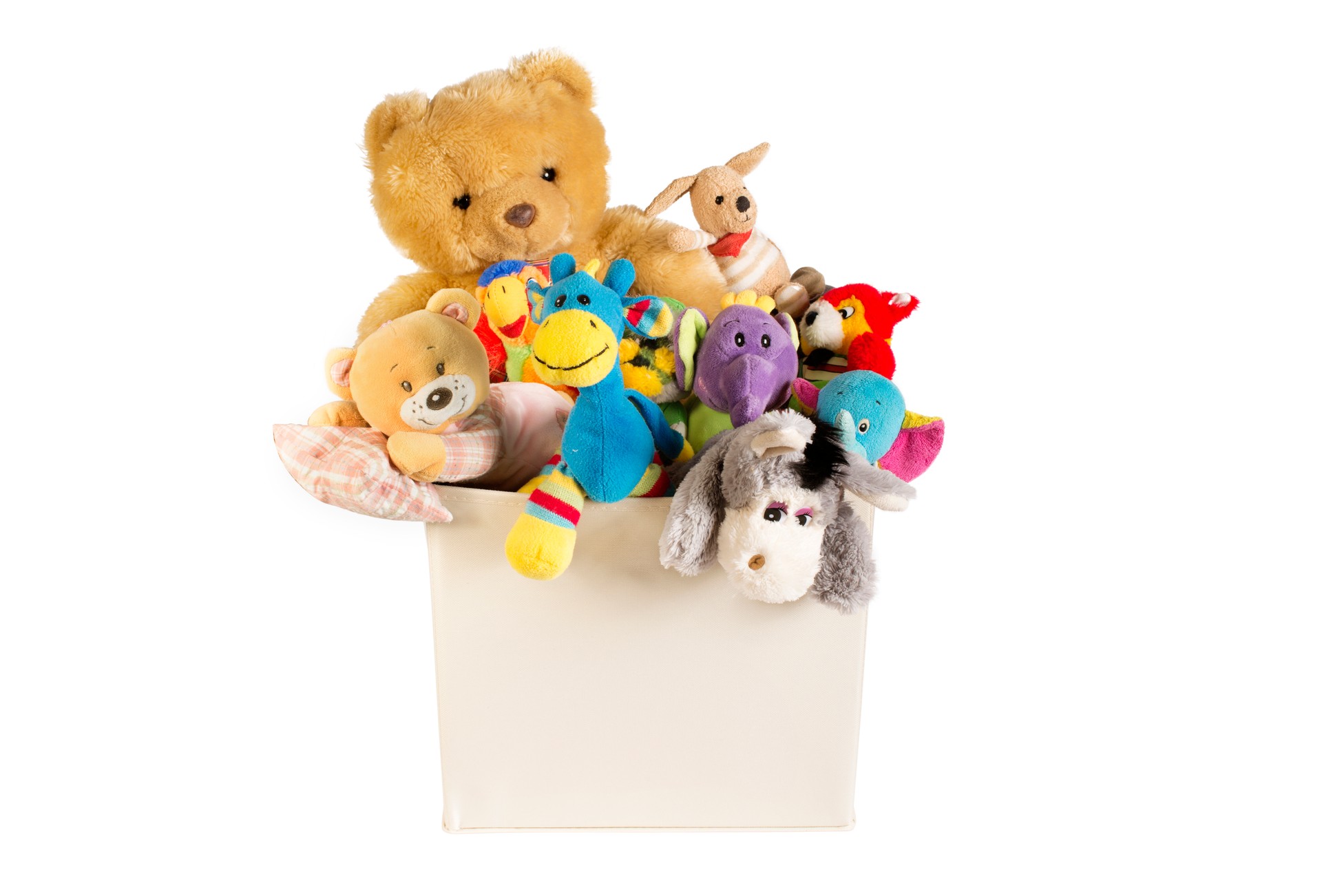 Collection of plush toys in white toys box